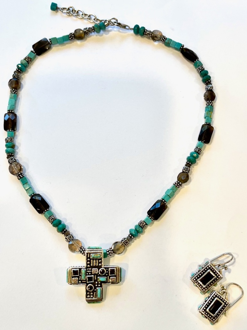VINTAGE BARSE 925 Sterling Silver TURQUOISE SMOKY QUARTZ Cross Necklace Earrings